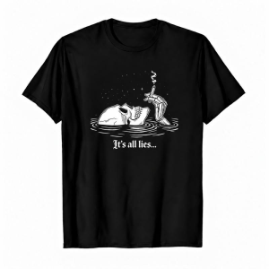 It's All Lies Smoking Skeleton In Water Gothic Graphic Tee, Dark Edgy Vintage Skull Aesthetic Shirt for Teens Adults Goth Fans, Short Sleeve Printed T-Shirt