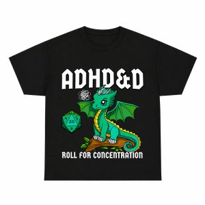 ADHD&D Roll for Concentration Cute Green Dragon D20 Dice Graphic Tee, Funny DND Tabletop RPG Gaming Shirt for Gamer Teens Adults, Short Sleeve Printed T-Shirt