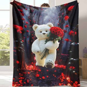 White Teddy Bear Flannel Blanket Red Rose Forest Print Soft Cozy Warm Machine Washable Perfect for Bedroom Living Room Romantic Gift Anniversary Decoration