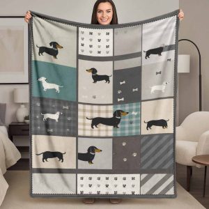 Dachshund Flannel Fleece Blanket, Paw Prints and Bones Print, Perfect for Bedroom, Living Room, Sofa, Couch, Bed, Travel, Cozy Nights, Ideal for Autumn, Winter, Holidays, and Everyday Use.