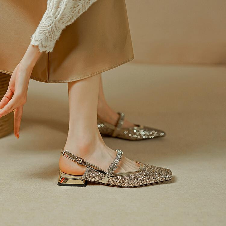 French rhinestone sequin crystal shoes small square toe Marie Jane Baotou sandals women's simple thick heel short shoes summer