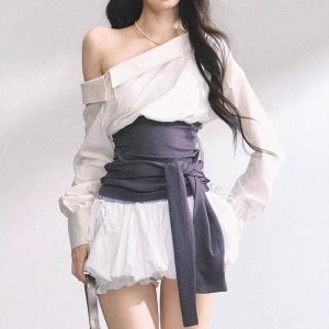 Shaoyeyan Korean model top French off-shoulder hot girl shirt for women summer waist slimming design commuter shirt top