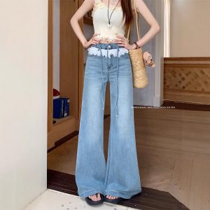 Real photo of lace lace design and slightly flare jeans for women in summer high waist without legs loose wide-leg trousers