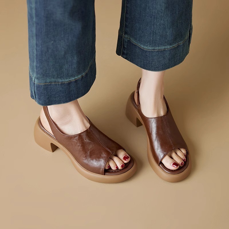 French simple style fish mouth sandals for women in spring and summer soft leather simple back tripping thick heels