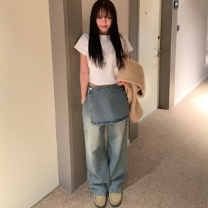 Spring fashionable butt curtain removable two-piece set retro pocket design Korean style versatile jeans for women