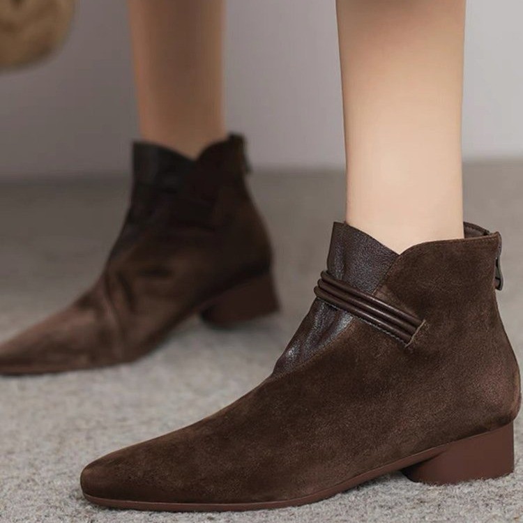 Brown plus velvet pointed toe boots for women's short boots autumn and winter skirt with high-end simple and fashionable short boots