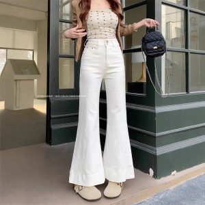 Real shot~Spring light-flat wide-leg jeans for women with high waist slim fit and stretchy flared trousers